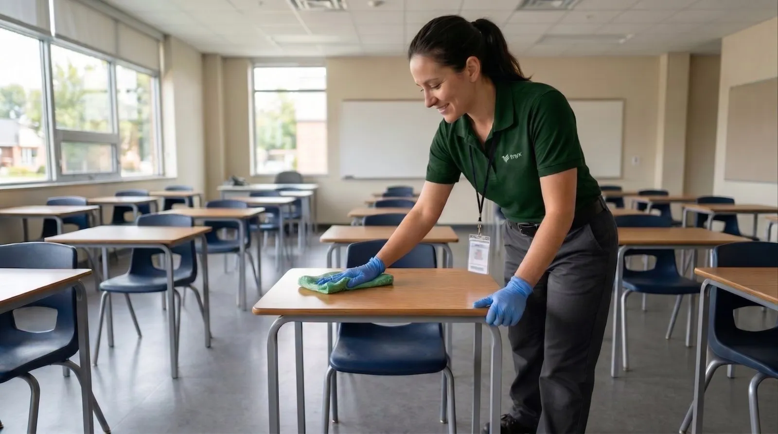 A Fnyx team member in a branded polo and gloves wiping down a classroom desk