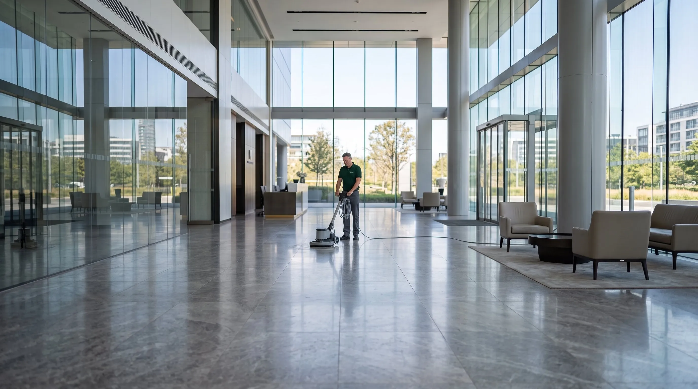 A Fnyx team member operating a floor scrubber in a bright atrium