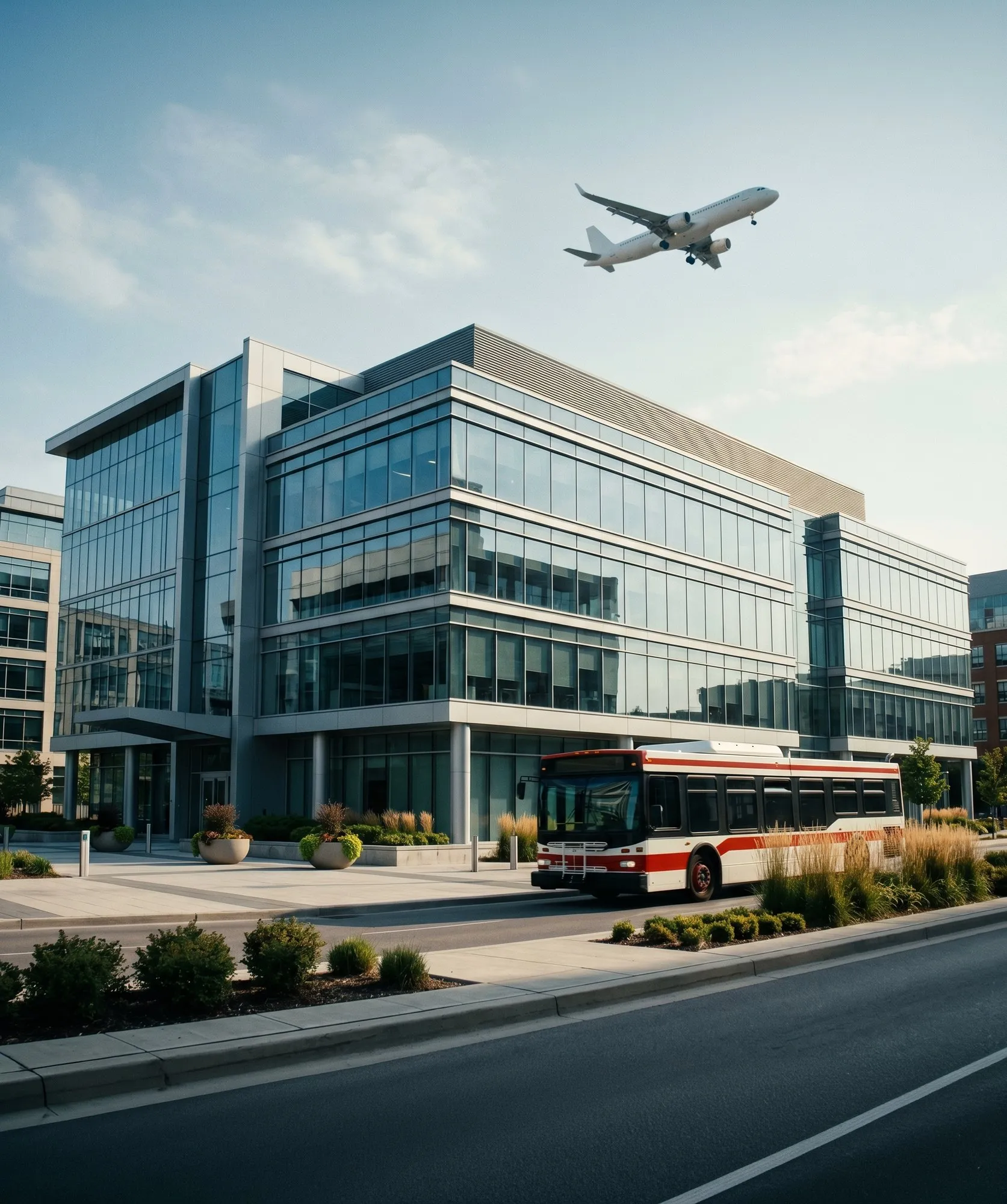 A modern office building with a transit bus passing and an aircraft overhead