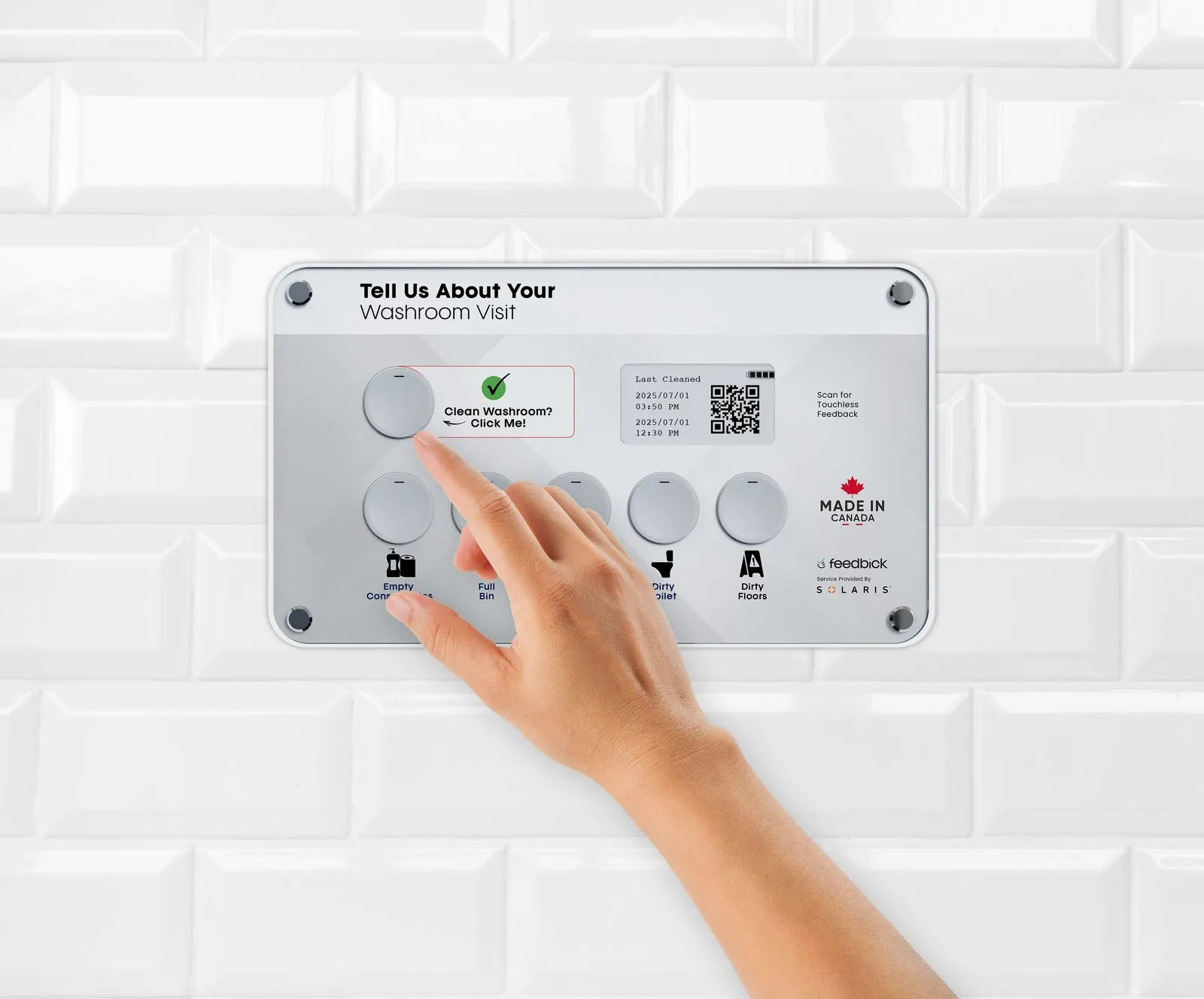 A washroom user pressing a button on a Feedbick feedback panel