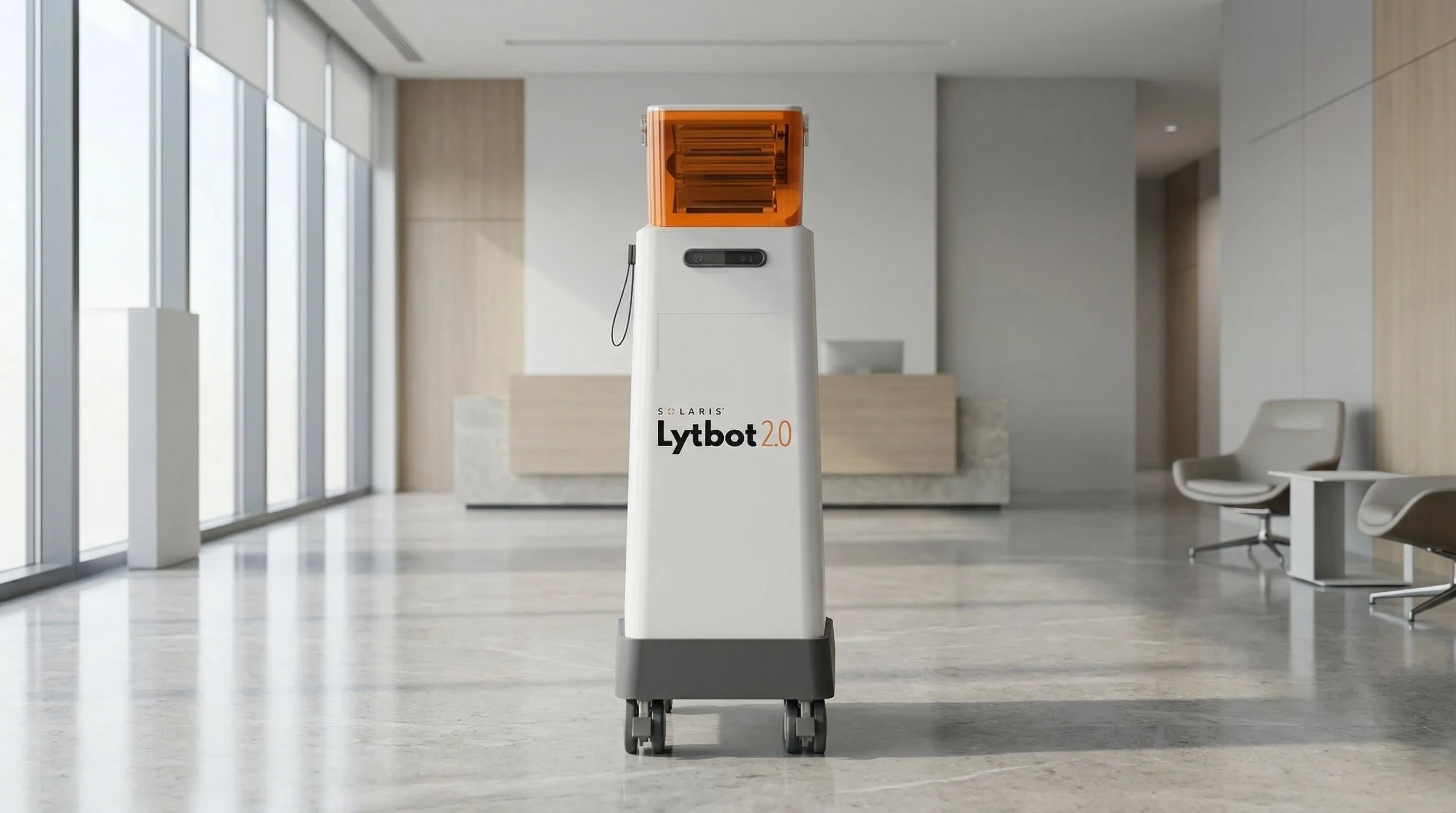 The Solaris Lytbot pulsed UV robot in a modern office lobby
